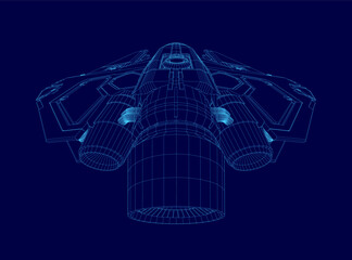 A sleek 3D wireframe spaceship model floats against a vibrant blue background, showcasing intricate design details. The blueprint-style rendering highlights the vessel's futuristic structure.