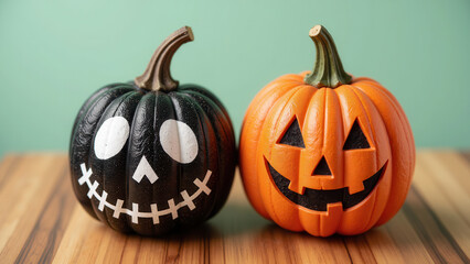 Halloween pumpkins in black and orange colors, featuring spooky designs, create festive atmosphere. Perfect for autumn celebrations