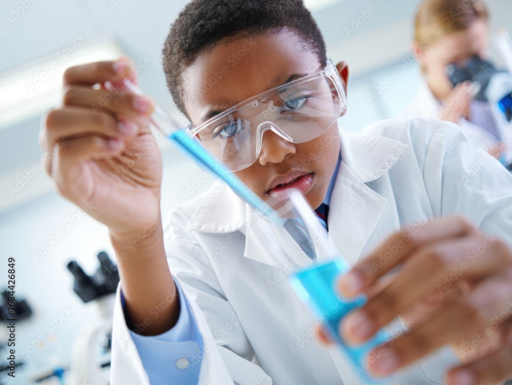 Poster focused child scientist conducts experiment with test tube in modern laboratory setting