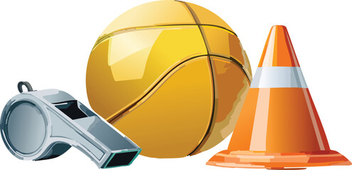 Physical Education Gear with Whistle, Cones, and Ball