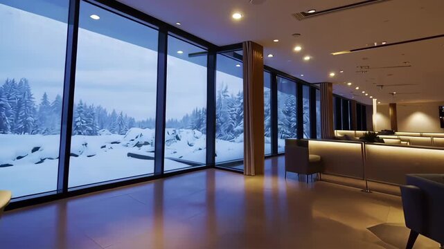 Tracking Shot of Modern Scandinavian Resort Lounge Interior with Panoramic Winter Forest Views at Dusk