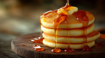 Fluffy Pancakes with Butter and Syrup on Wooden Plate – Perfect Stack for National Pancake Day Breakfast Cravings