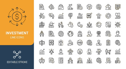 Investment and finance line icon set. Vector symbols for business, money, stock market, and global economy strategy.