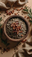 Fototapeta premium Rustic bowl of Grey Peas and crispy Bacon bits, dish from Latvia on beige background, minimalist food photo, template for social media, digital ads, web banners, mobile wallpapers, greeting cards