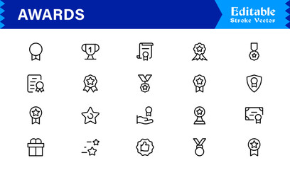Awards line icon set with professional modern minimal style, unique vector symbols for recognition achievement celebration, elegant and clean design collection, premium quality
