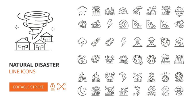 Collection of natural disaster line icons. Editable stroke pictograms for weather events, geological catastrophes, and climate emergencies.