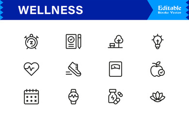 Wellness Icon Set Featuring Health, Mindfulness, Fitness, and Self-Care Symbols in Vector Style