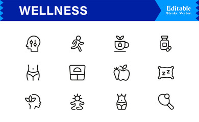 Wellness Icon Set Featuring Health, Mindfulness, Fitness, and Self-Care Symbols in Vector Style