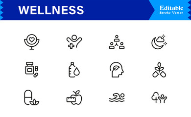 Wellness Icon Set Featuring Health, Mindfulness, Fitness, and Self-Care Symbols in Vector Style