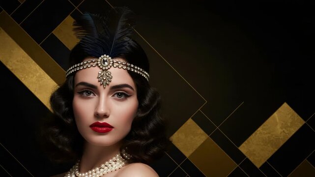 Glamorous 1920s flapper woman with elegant makeup, pearls, and feathered headband, embodying gatsbyera style and sophistication