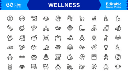 Wellness Icon Set Featuring Health, Mindfulness, Fitness, and Self-Care Symbols in Vector Style