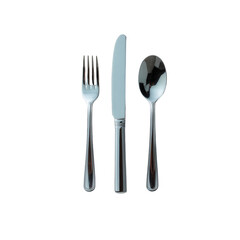 A fork, knife, and spoon arranged neatly on a white background, perfect for culinary themes, dining, or kitchen decor. Ideal for food-related content and restaurant imagery.