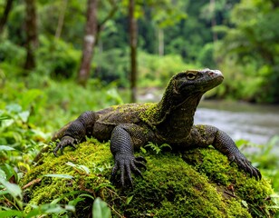 Obraz premium Komodo dragon on mossy rock by a river