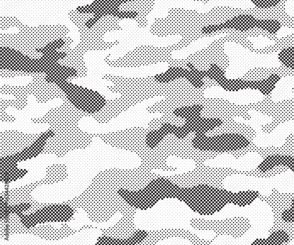 Poster abstract halftone seamless camouflage pattern. repeating digital dotted hexagonal camo military text