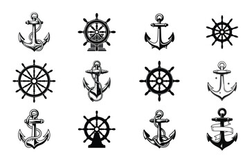 Fototapeta premium Anchor and Ship Wheel Icon Set