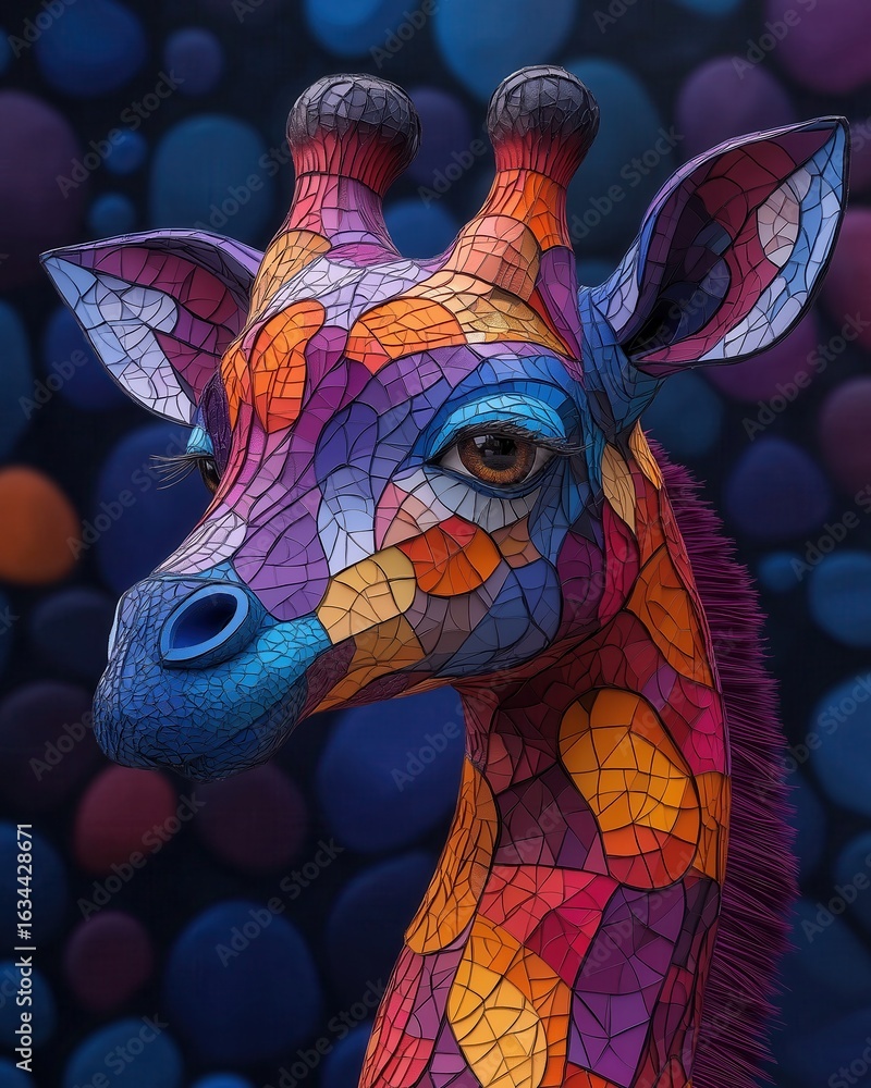 Poster colorful mosaic giraffe with abstract background..