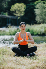 A serene scene of a woman meditating in a yoga pose by a calm river. Surrounded by nature, she...