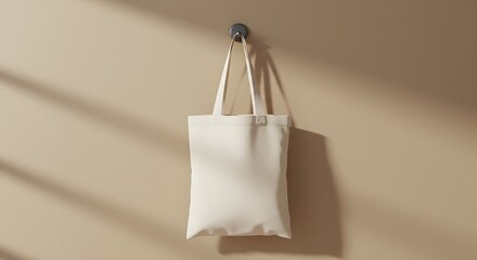 A blank off-white canvas tote bag hangs from a dark hook on a beige wall, with soft shadows from natural light.