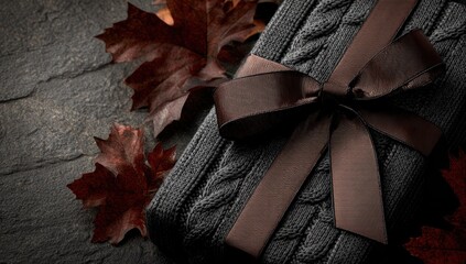 Obraz premium Dark gray knitted gift box with autumn leaves