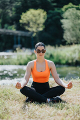 A serene outdoor yoga session with a woman meditating beside a peaceful forest river.