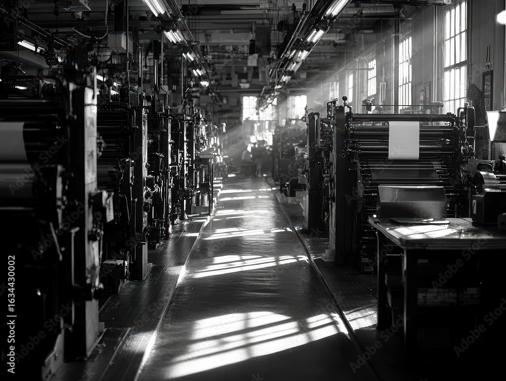 Poster industrial printing press workshop with multiple machinery rows, large rollers, and presses under ex