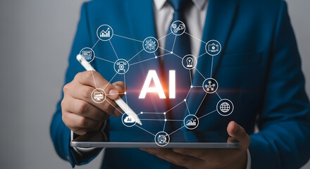 Man interacting with ai technology network on tablet