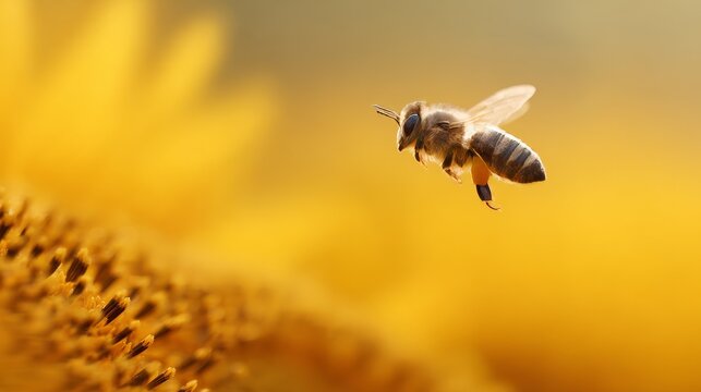 A bee flies near a sunflower its body dusted with pollen against a blurred yellow background - Powered by Adobe