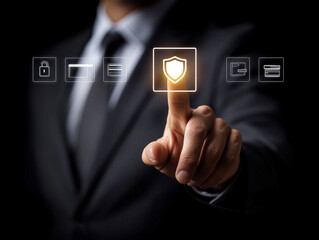 Male individual in professional attire, interacts with a screen displaying icons and a highlighted shield lock symbol Brightly lit interface contrasts with dim surroundings - AI-Generated