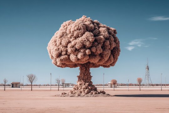 A surreal, beige mushroom cloud tree in a desert landscape