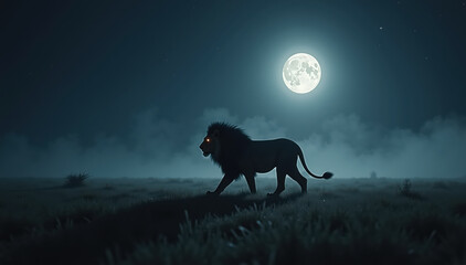 A majestic male lion walks under a bright moon through foggy grass, evoking mystery and wild strength.