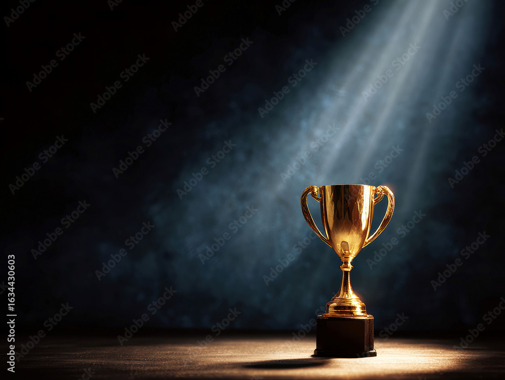Poster a gold trophy with two handles on a dark surface, casting a shadow, possibly under a light source ab