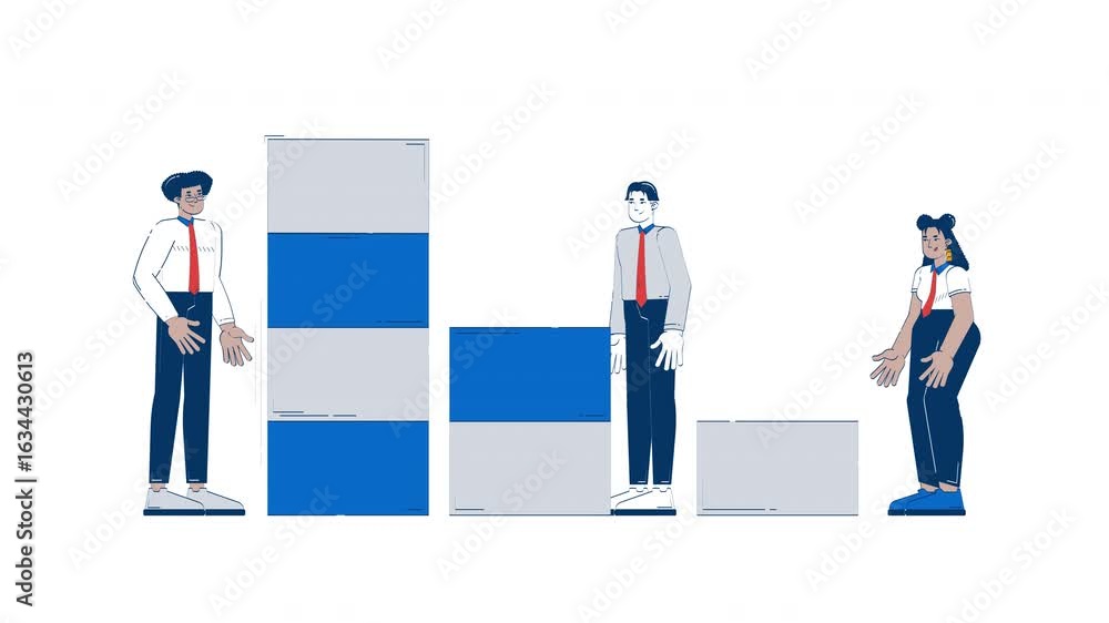 Aufkleber data analytics team building dataset doodle animation. data visualization. analysts stacking blocks 