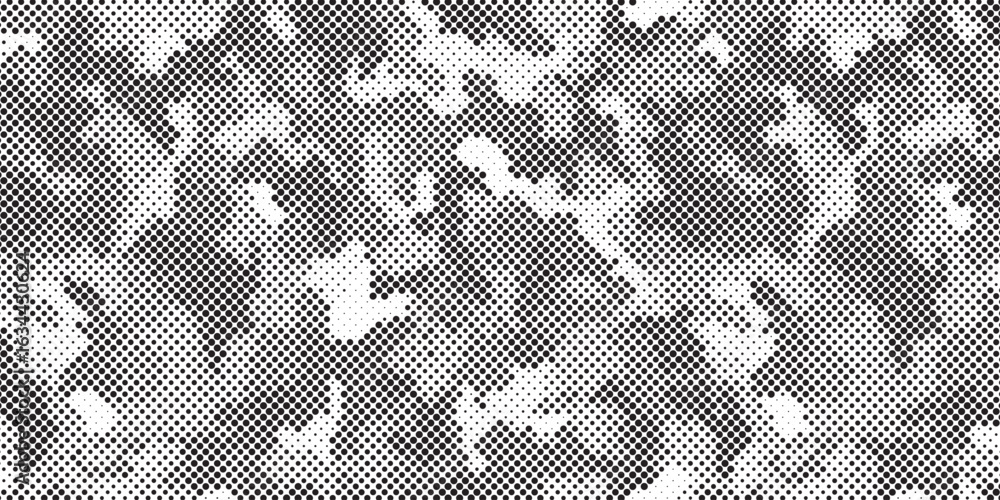 Poster abstract halftone seamless camouflage pattern. repeating digital dotted hexagonal camo military text