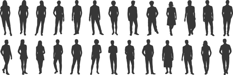 Silhouettes of men and women standing upright in business or casual wear, side and front views, black vector figures