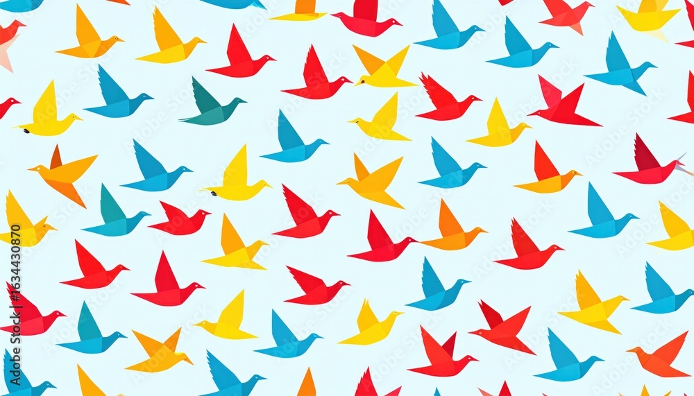 Poster colorful pattern of flying birds in various shades against a light background creating a vibrant and