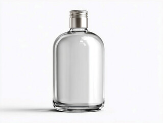 Transparent, glass bottle on light gray background, oval base, narrowing, wide neck, flared lip, straightforward photograph, top-down perspective, even lighting, smooth surfaces - AI-Generated