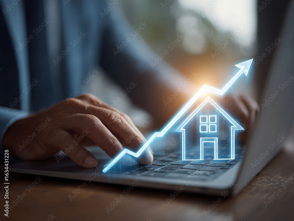 Poster hands typing on a laptop keyboard with a blue overlay of a growing house symbol and an upward trendi