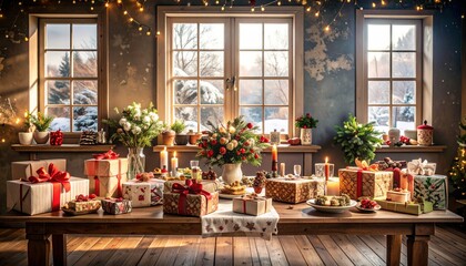 Fototapeta premium Cozy Holiday Table Decorated with Festive Gifts and Candles Surrounded by Winter Decoration in a Charming Snowy Setting