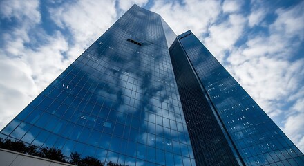 Low angle view of modern glass skyscrapers reflecting a dynamic cloudy sky