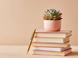 Neat stack of pink books, gold pen, and a cactus on a light beige surface under soft indoor lighting The setting suggests study or creativity with themes of learning, writing, and resi - AI-Generated