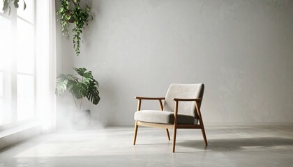 Fototapeta premium Cozy Minimalist Chair Surrounded by Greenery in a Bright, Serene Living Room with Natural Light and Spacious Ambiance