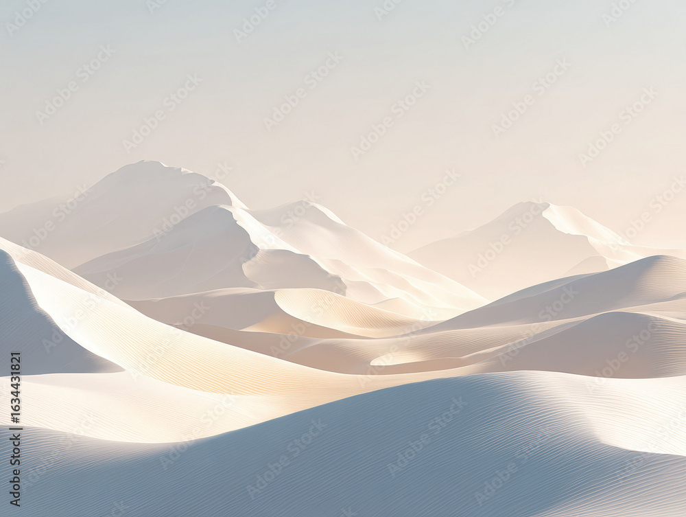 Poster vast, hazy sky over undulating brown sand dunes in a desert landscape soft shadows cast across dunes