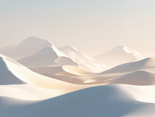 Vast, hazy sky over undulating brown sand dunes in a desert landscape Soft shadows cast across dunes under diffuse lighting Earthy color palette with subdued tones No visible people - AI-Generated