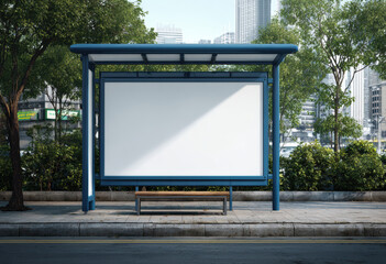 Blank billboard at bus stop in urban setting, surrounded by trees and city buildings, ready for advertisement