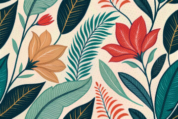 Seamless Botanical Background with Stylized Colorful Tropical Plants