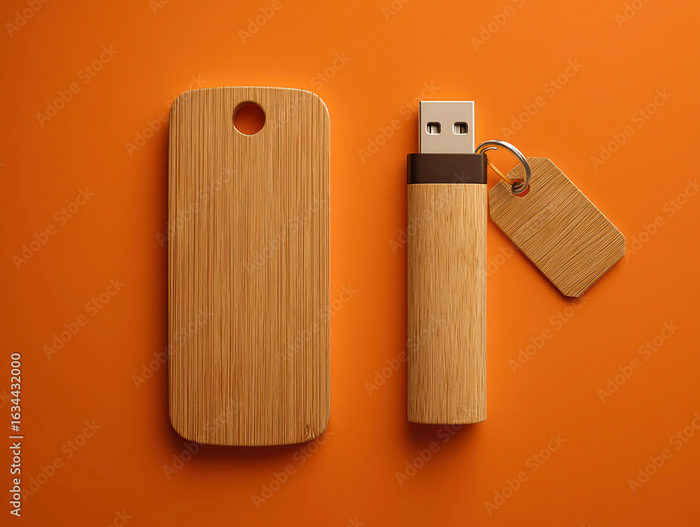 Poster wooden usb flash drive with a keychain, sitting on an orange background key drive features visible g