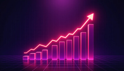 Pink Neon Bar Chart with Upward Arrow Showing Business Growth, Data Analytics, Digital Finance, Success Metrics, and Investment Performance Visualization