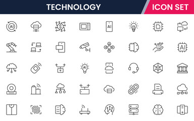 Technology vector line icons featuring smartwatches, fitness bands, AR glasses, biometric sensors, health tracking, connectivity, notifications, and portable digital devices.