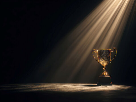 A golden trophy, central on a stage floor under spotlights, casting long shadows Dark background Realistic style, photographic quality - AI-Generated