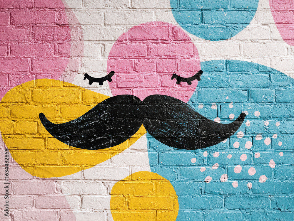 Poster vibrant mural on brick wall with abstract pattern of multicolored circles, stylized face with large 